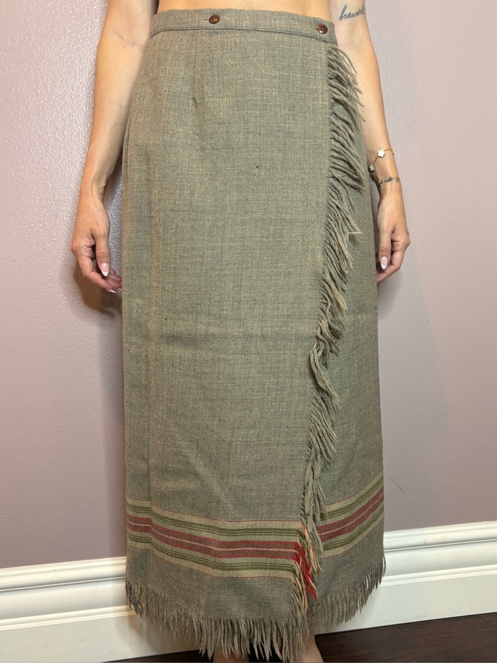 Vintage-Fringed Wrap Maxi Skirt in Olive Taupe